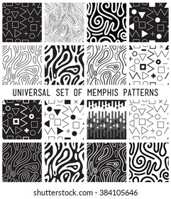 Universal vector lineal geometric seamless pattern. Simple abstract mathematic figure in minimalist primitive, cute memphis style. Circles, dots, triangles, squares, zigzag