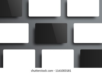 Universal vector mockup of banking or gift cards top view. Realistic black and white template on an isolated background.