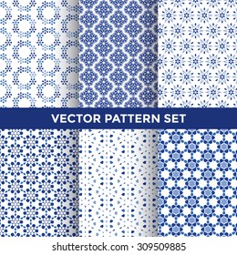 Universal Vector Pattern Set - Collection of Six Blue Pattern Designs on White Background