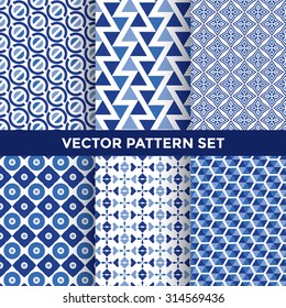 Universal Vector Pattern Set - Collection of Six Blue Geometric Pattern Designs on White Background