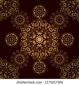 Universal vector pattern for wallpapers, textile, fabric, wrapping paper, packaging box etc. Vintage pattern on brown background. Seamless pattern with golden elements for design in retro style.