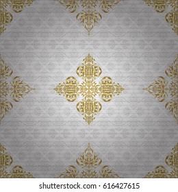 Universal vector pattern for wallpapers, textile, fabric, wrapping paper, packaging box etc. Vintage pattern on white background. Seamless pattern with golden elements for design in retro style.