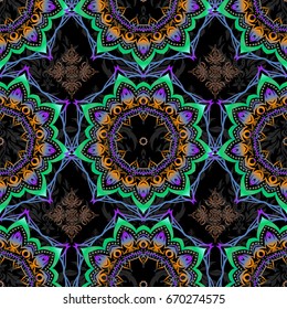 Universal vector pattern for wallpapers, textile, fabric, wrapping paper, packaging box. Vintage pattern on black background. Seamless pattern with green and blue elements for design in retro style.