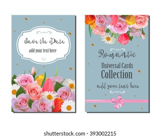 Universal vector romantic card template with pink roses. Save the date, bridal shower, birthday, invitation .