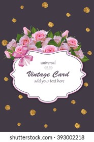 Universal vector romantic card template with pink roses. Save the date, bridal shower, birthday, invitation.