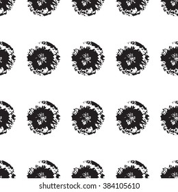 Universal Vector seamless pattern. Abstract doodle background with round brush strokes like fluffy dandelions. Monochrome hand drawn texture in black and white