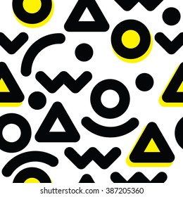 Universal vector seamless pattern, hand-drawn doodles, flat geometric creative, mathematics figures in black and white with yellow circle