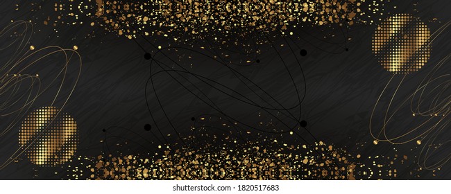 A universal version of the basis for a Wedding or Christmas gold elements dots circles and lines design black background abstract shiny color golden