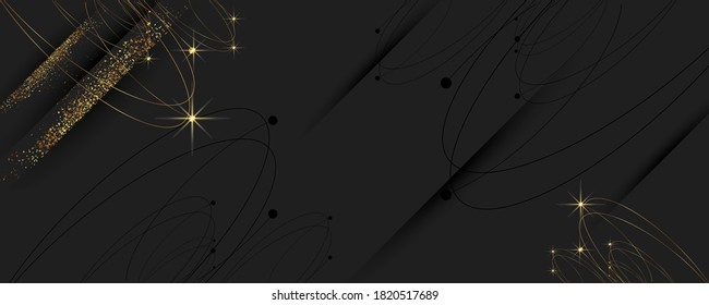 A universal version of the basis for a Wedding or Christmas gold elements dots circles and lines design black background abstract shiny color golden