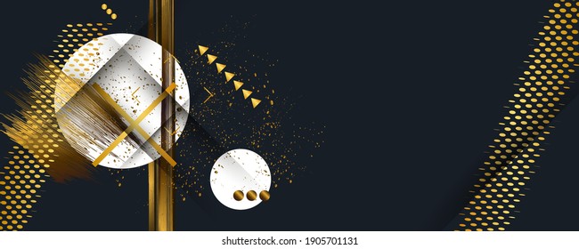 A universal version of the basis for a Wedding or Christmas gold elements dots circles and lines design black background abstract shiny color golden
