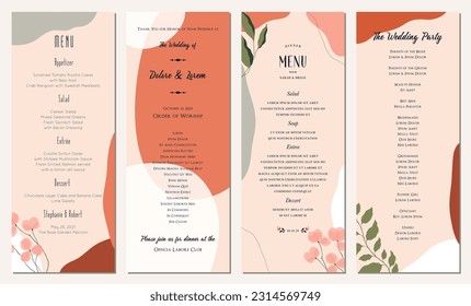 Plantillas verticales universales. Bodas, restaurante y menú de fiestas en los modernos colores rosados polvorientos. Bien por afiche, invitación, volante, banner, folleto, encabezado de correo electrónico, post en redes sociales, publicidad.