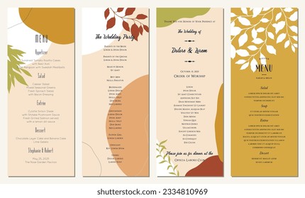 Plantillas verticales universales. Bodas, restaurante y menú de fiestas en audaces colores otoñales. Se puede usar como banners horizontales, afiches, volantes, folletos, encabezados de correo electrónico, publicar en redes sociales.