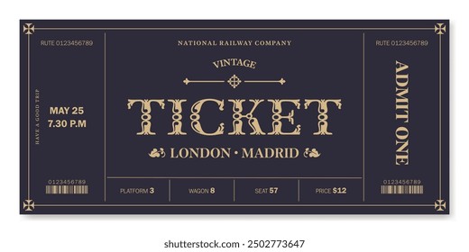 Universal vintage ticket template with golden text on a dark background. For excursion routes, retro parties, clubs and other projects. Just add your own text. Vector, can be used for printing.