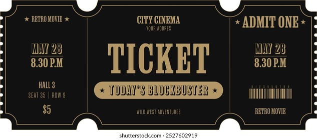 Universal vintage ticket template golden color on a black background. For concerts, festivals, parties, movies and other events. For web and printing. Just add your text.