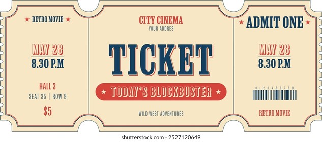 Universal vintage ticket template indark blue and red a light beige background. For cinemas, parties, clubs, concerts and other retro events. Vector, printable. Just add your text.
