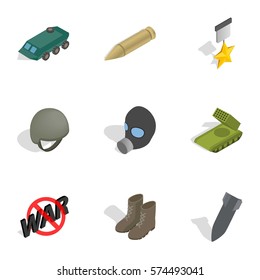 Universal war icons set. Isometric 3d illustration of 9 universal war vector icons for web