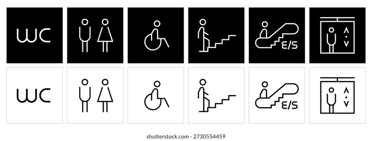 Universelles Wegfinden von Beschilderungssymbolen Set für öffentliche Gebäude, Restroom Elevator Escalator Accessibility Vector