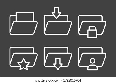 Universal web element set for building  internet site, developing application. Archive, folder, organizer icon group. Modern, lined white vector pictogram on black background.