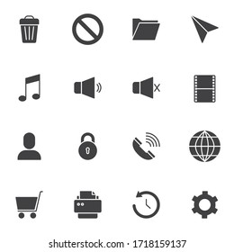 Universal web essentials vector icons set, modern solid symbol collection, filled style pictogram pack. Signs, logo illustration. Set includes icons as trash bin, document folder, sound, setting gear