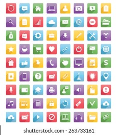 Universal web icons and mobile icons. Flat style long shadow design. Blue, green, yellow, red and purple colors. Isolated on white background.
