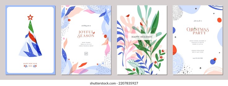 Universal Winter Holiday cards. Abstract Christmas templates with decorative Christmas Tree, ornate floral background and frame with copy space, birds and greetings.