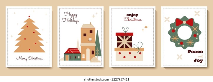 Universal winter holidays greeting card set. Cute Christmas templates with decorative Xmas tree, village background, gift boxes, frame with wreath decoration