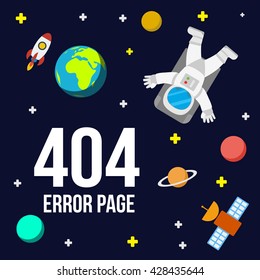 Universe 404 error page vector template for website. Outer space with astronaut, planets and rocket. Page Not Found Error 404.