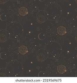 universe alchemy space background, crescent celestal astrology seamless pattern. Star constellation 