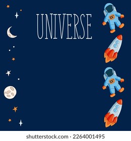Universe with astronaut, rocket, stars and moon on dark blue background. Cartoon vector illustration for card, poster, book cover with copy space.