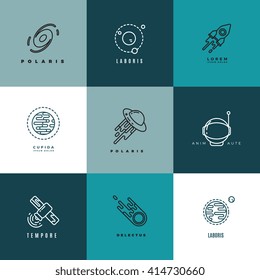 Universe and astronomy thin line vector icons and logos set. Shuttle and astronomy label, technology astronomy logo, sputnik astronomy logotype illustration