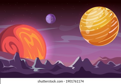 Universe background. Cartoon space, planets in cosmos. Game location, mars or mystic world vector illustration