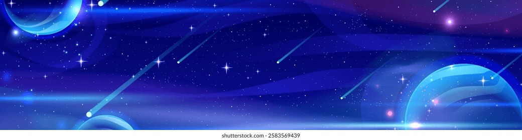 Universe background of deep space - meteors streaking across starry dark blue sky with glowing planets and celestial bodies. Cosmic panoramic scene with bright comets for astronomical design.