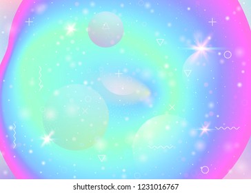 Universe background with galaxy and cosmos shapes and star dust. Holographic futuristic gradients. Fantastic space landscape with planets. 3d fluid with magic sparkles. Memphis universe background.