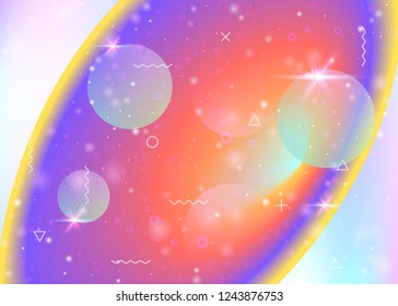 Universe background with galaxy and cosmos shapes and star dust. Holographic futuristic gradients. Fantastic space landscape with planets. 3d fluid with magic sparkles. Memphis universe background.