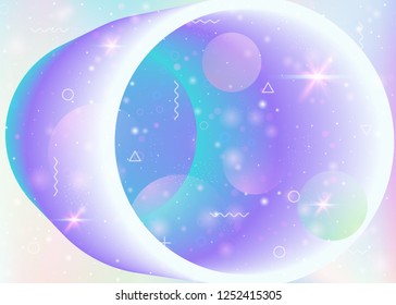 Universe background with galaxy and cosmos shapes and star dust. Holographic futuristic gradients. Fantastic space landscape with planets. 3d fluid with magic sparkles. Memphis universe background.