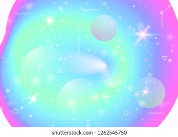 Universe background with galaxy and cosmos shapes and star dust. Holographic futuristic gradients. Fantastic space landscape with planets. 3d fluid with magic sparkles. Memphis universe background.