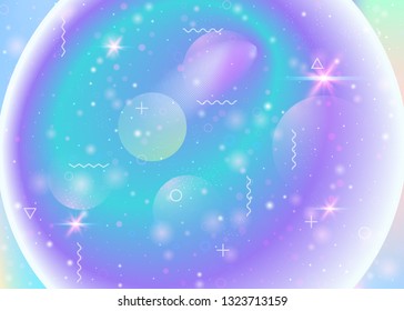 Universe background with galaxy and cosmos shapes and star dust. Fantastic space landscape with planets. Holographic futuristic gradients. 3d fluid with magic sparkles. Memphis universe background.