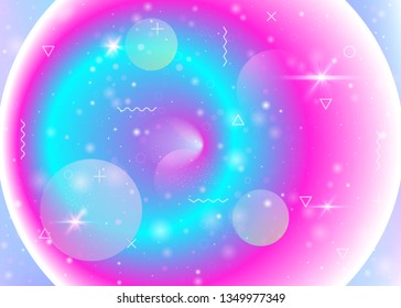 Universe background with galaxy and cosmos shapes and star dust. Fantastic space landscape with planets. Holographic futuristic gradients. 3d fluid with magic sparkles. Memphis universe background.