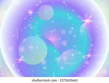 Universe background with galaxy and cosmos shapes and star dust. Fantastic space landscape with planets. Holographic futuristic gradients. 3d fluid with magic sparkles. Memphis universe background.