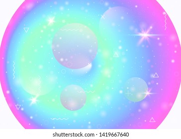 Universe background with galaxy and cosmos shapes and star dust. 3d fluid with magic sparkles. Fantastic space landscape with planets. Holographic futuristic gradients. Memphis universe background.