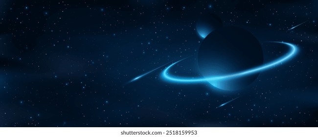 Universe background with planets against the glowing stars. Cosmic cover design. Starry night sky with with falling meteorites. Abstract view of universe. Vector illustration. EPS 10.