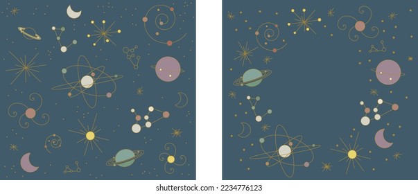 Universe background with planets, moon, stars, galaxy, constellation in gold line art. and 2022 color trend. Vector illustration frame.