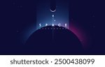 Universe background for presentation design. Brochure template with space elements. Minimalistic color space. Universe exploration concept.