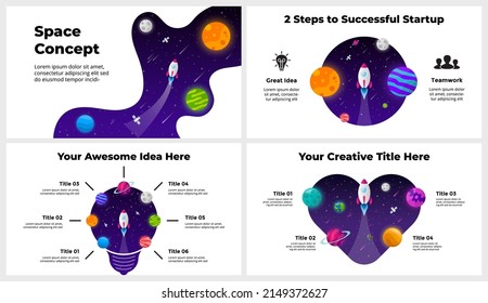 Universe background. Rocket launch into space. Presentation slide template. Business success. Universe flyer. Light bulb, heart. Abstract creative world. Planets and stars.