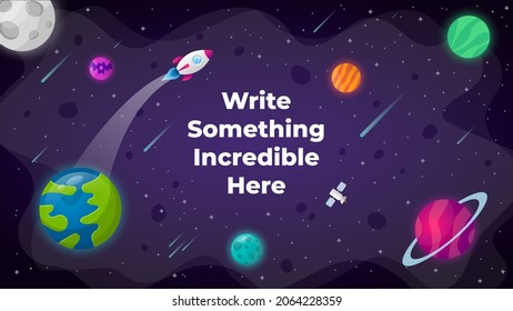 Universe background. Startup vector illustration. Rocket launch into space. Presentation slide template. Business success. Universe flyer. Abstract creative world. Planets and stars.