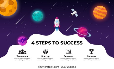 Universe background. Startup vector Infographic. Rocket launch into space. Presentation slide template. Business success diagram chart. 4 steps.