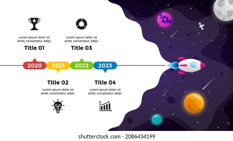 Universe background. Startup vector Infographic. Rocket launch into space. Presentation slide template. Business success diagram chart. 5 steps.