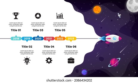 Universe background. Startup vector Infographic. Rocket launch into space. Presentation slide template. Business success diagram chart. 5 steps.