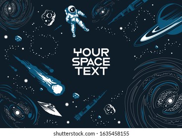 Universe black background with frame of space elements and place for text in centre vector illustration 