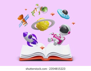 Universe in book. Bright world of fantasy. Open realistic book, astronaut, alien, planet, rocket, UFO, stars floating in weightlessness. Bookstore, book club advertising template